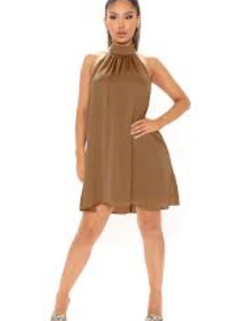Fashion Nova Brown High-Neck Mini Dress